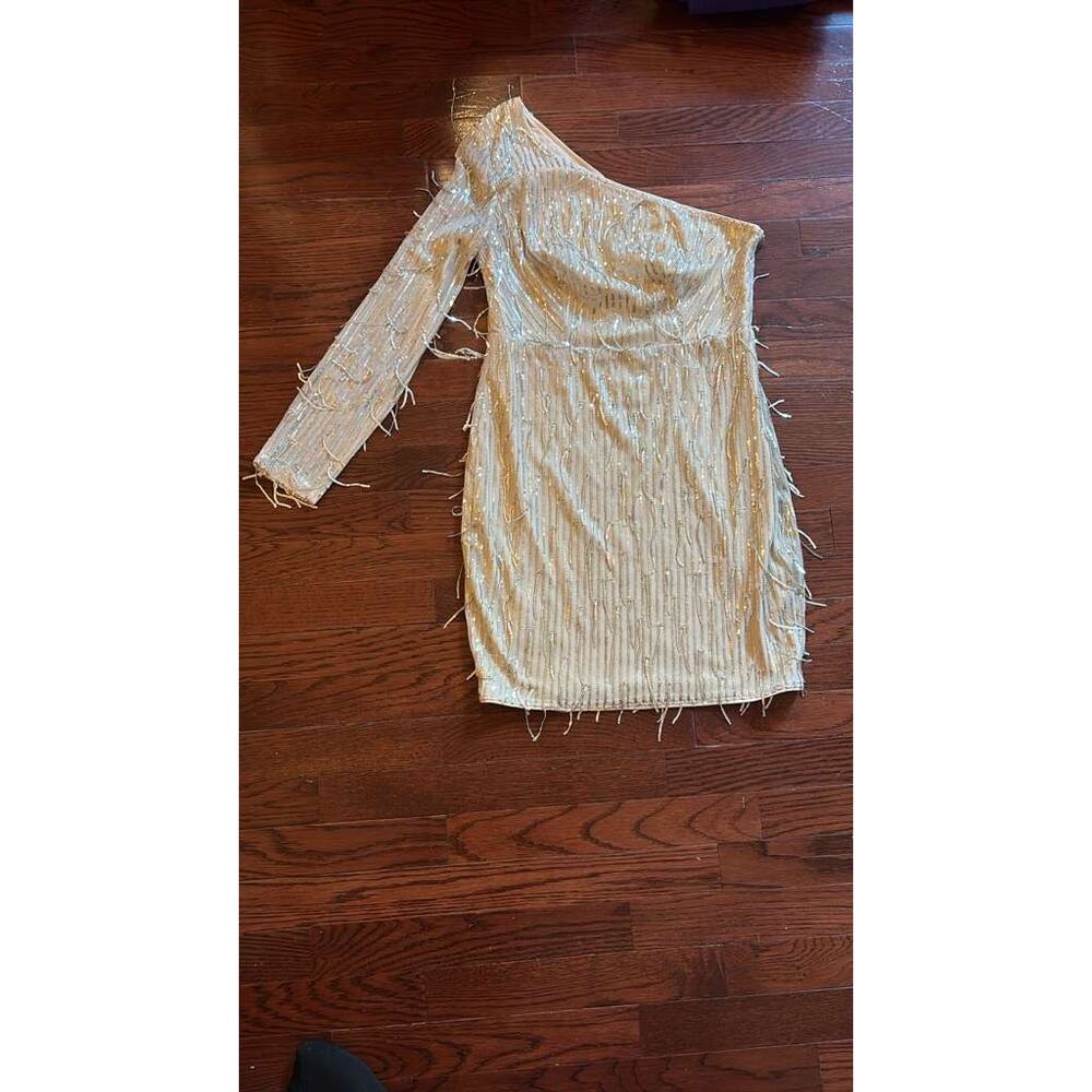 Gold Sequin One Shoulder Mini Dress with Fringe Detail Size Large - Picture 4 of 6